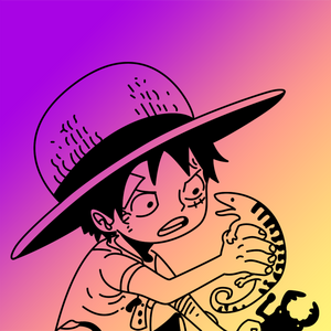 Manga edit of Luffy from One Piece. It is from when he is young and he is holding an iguana and beetle. The background is a purple pink yellow gradient.