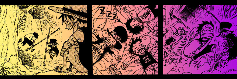 Manga edit of Luffy, Ace, and Sabo from One Piece. It is from when he is young and he is holding an iguana and beetle. The background is a purple pink yellow gradient.